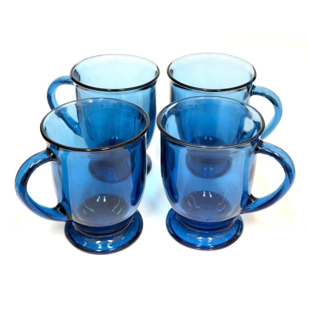 Vintage Anchor Hocking Cobalt Blue Glass Mug Footed Pedestal Coffee Cup set of 4